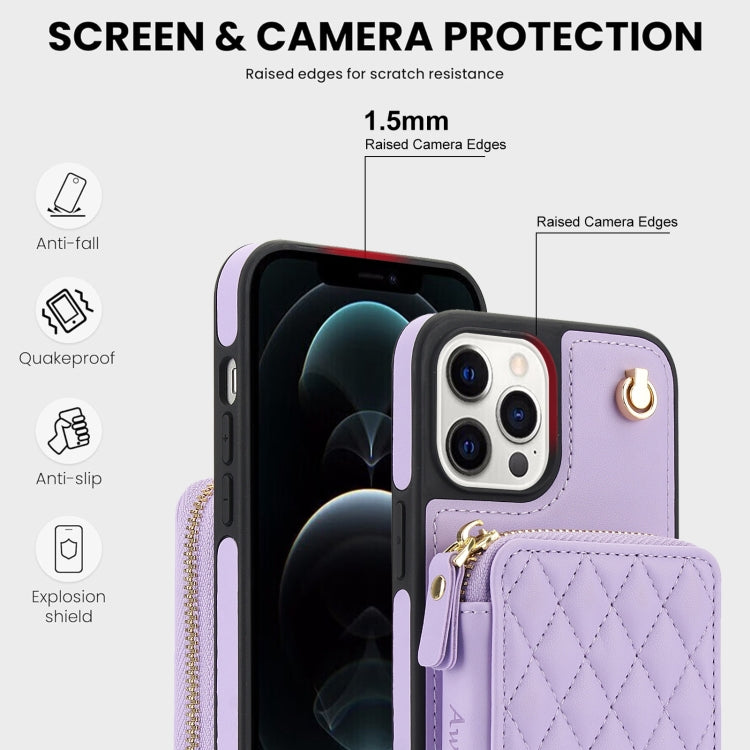 For iPhone 11 Pro Max AwQuer Crossbody Zipper Wallet Rhombic Leather Back Phone Case