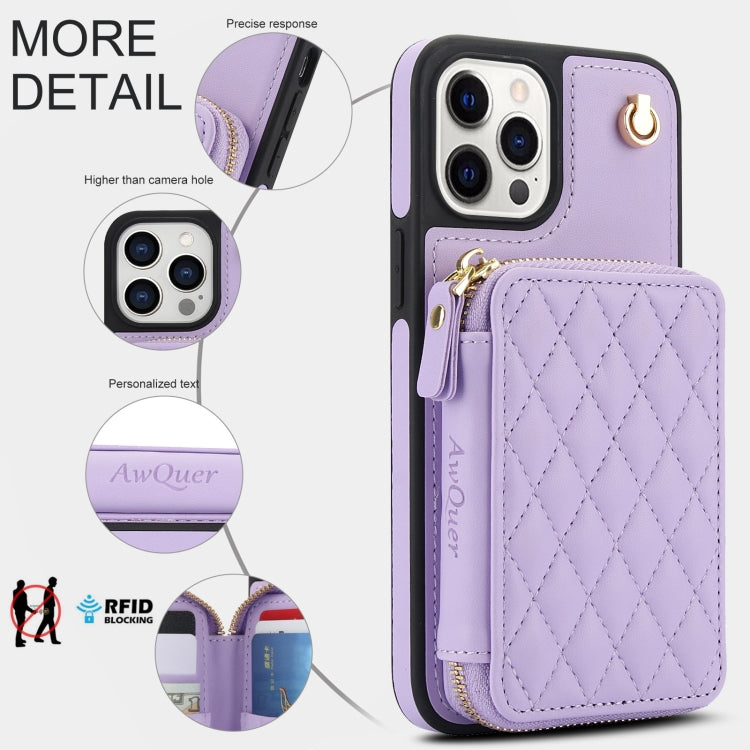 For iPhone 11 Pro Max AwQuer Crossbody Zipper Wallet Rhombic Leather Back Phone Case