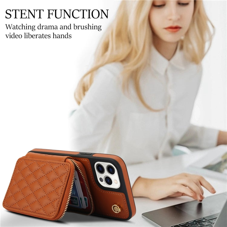For iPhone 11 Pro Max AwQuer Crossbody Zipper Wallet Rhombic Leather Back Phone Case