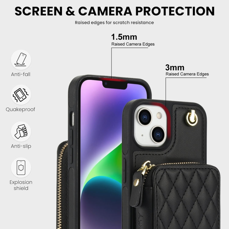 For iPhone 11 AwQuer Crossbody Zipper Wallet Rhombic Leather Back Phone Case