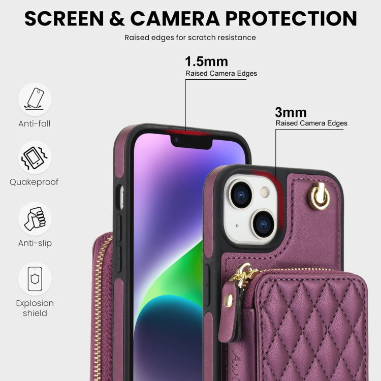 For iPhone 11 AwQuer Crossbody Zipper Wallet Rhombic Leather Back Phone Case