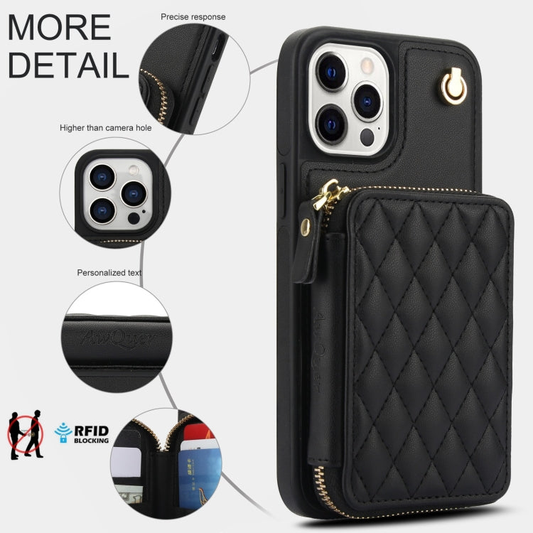 For iPhone 11 Pro AwQuer Crossbody Zipper Wallet Rhombic Leather Back Phone Case