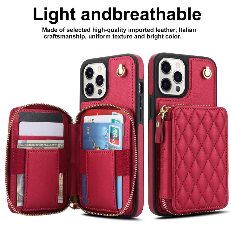 For iPhone 11 Pro AwQuer Crossbody Zipper Wallet Rhombic Leather Back Phone Case