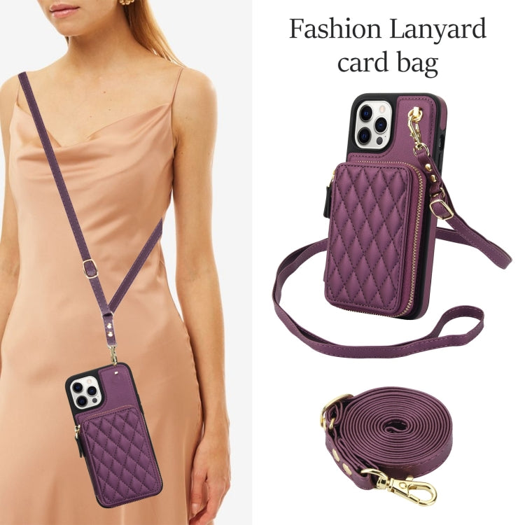 For iPhone 11 Pro AwQuer Crossbody Zipper Wallet Rhombic Leather Back Phone Case