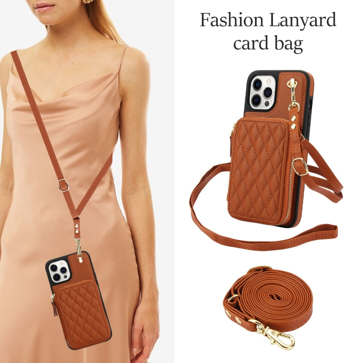 For iPhone 11 Pro AwQuer Crossbody Zipper Wallet Rhombic Leather Back Phone Case