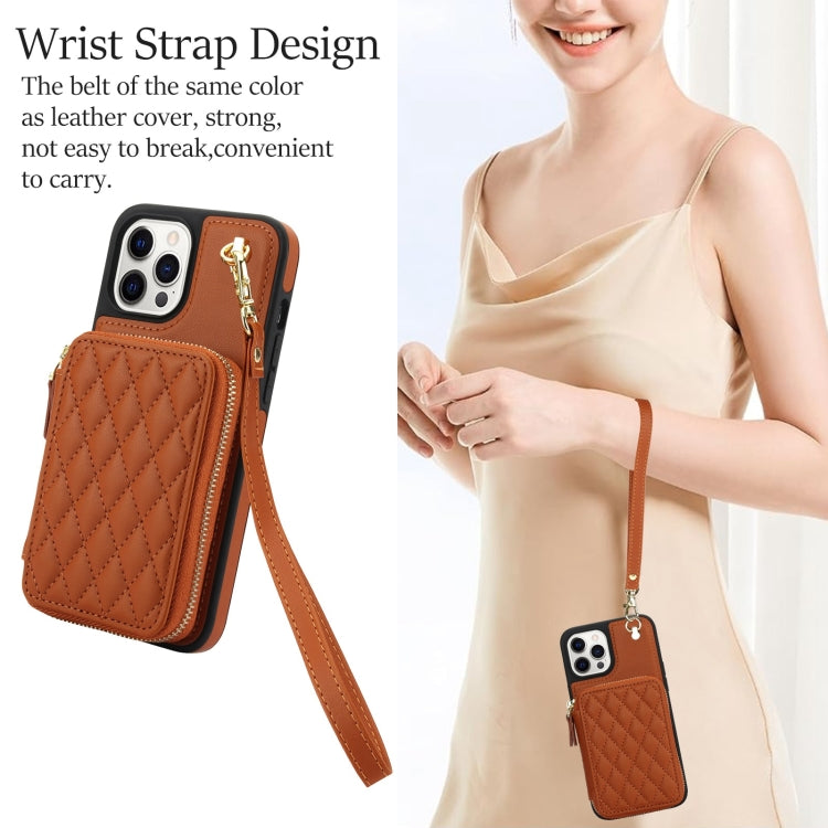 For iPhone 11 Pro AwQuer Crossbody Zipper Wallet Rhombic Leather Back Phone Case