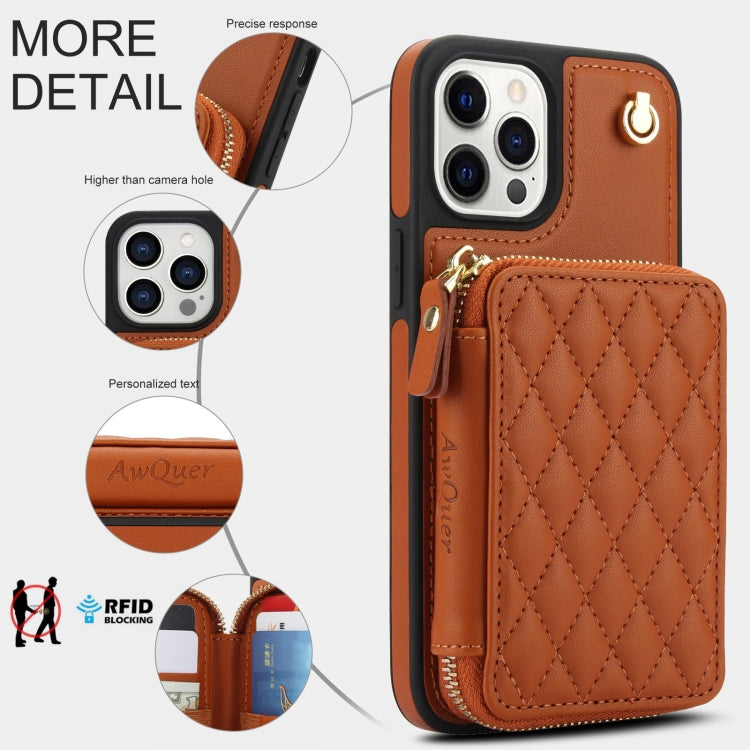 For iPhone 11 Pro AwQuer Crossbody Zipper Wallet Rhombic Leather Back Phone Case