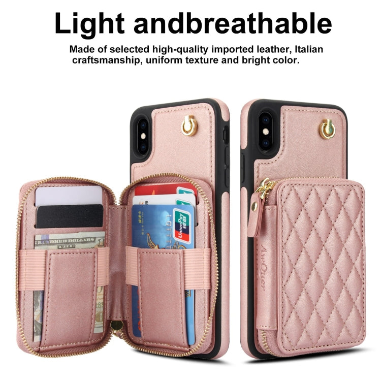 For iPhone X / XS AwQuer Crossbody Zipper Wallet Rhombic Leather Back Phone Case