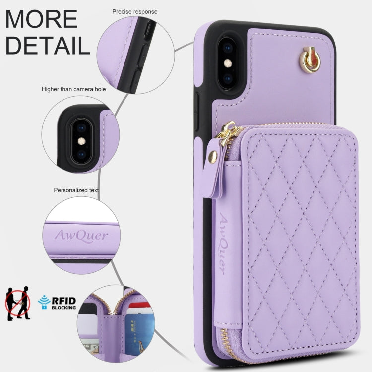 For iPhone X / XS AwQuer Crossbody Zipper Wallet Rhombic Leather Back Phone Case
