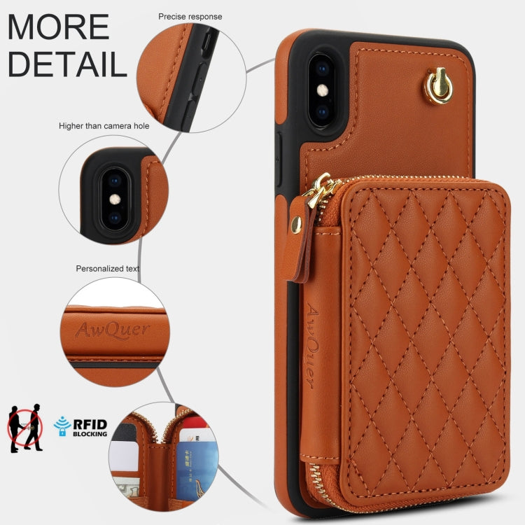 For iPhone X / XS AwQuer Crossbody Zipper Wallet Rhombic Leather Back Phone Case