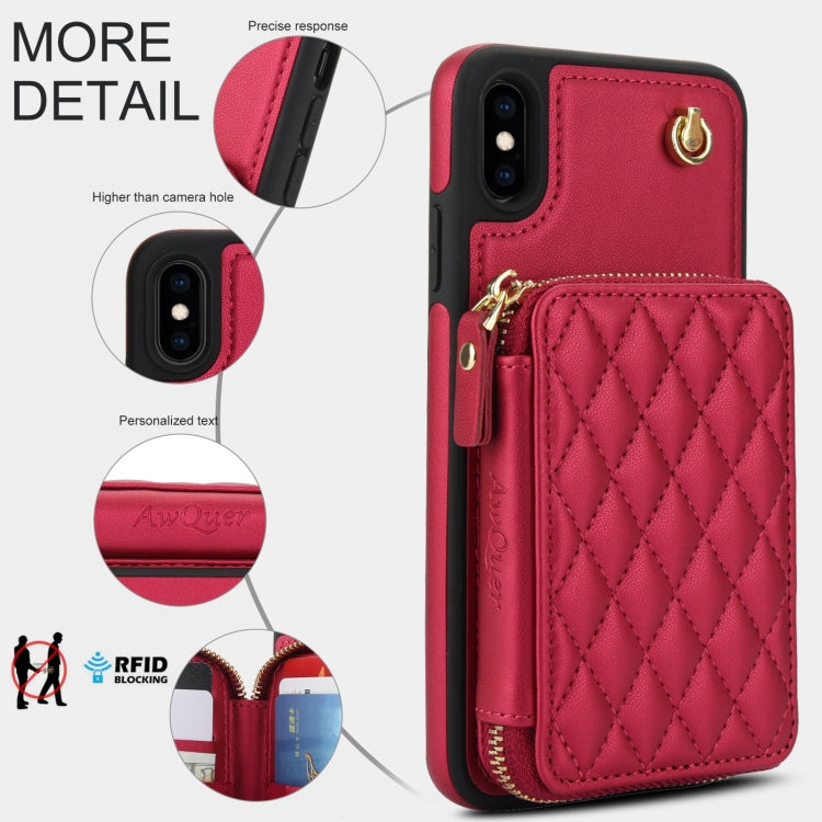 For iPhone XR AwQuer Crossbody Zipper Wallet Rhombic Leather Back Phone Case