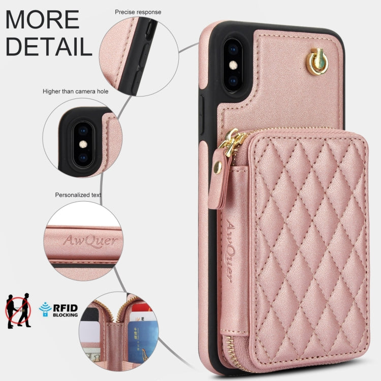 For iPhone XR AwQuer Crossbody Zipper Wallet Rhombic Leather Back Phone Case
