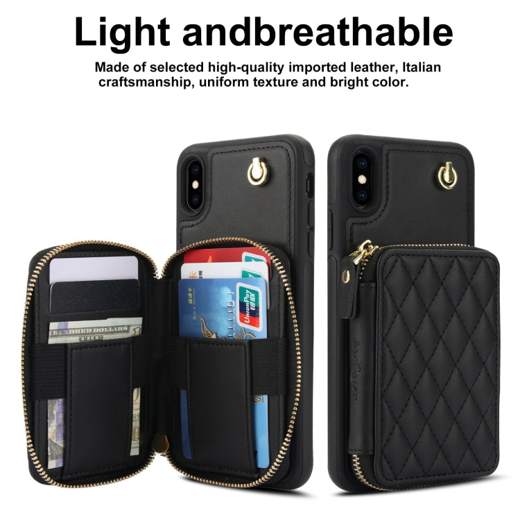 For iPhone XS Max AwQuer Crossbody Zipper Wallet Rhombic Leather Back Phone Case