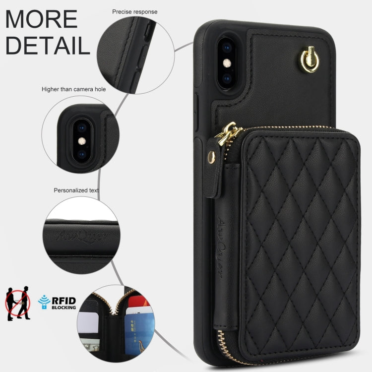 For iPhone XS Max AwQuer Crossbody Zipper Wallet Rhombic Leather Back Phone Case