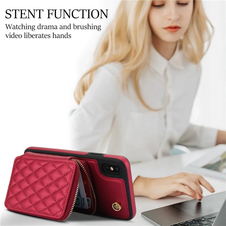 For iPhone XS Max AwQuer Crossbody Zipper Wallet Rhombic Leather Back Phone Case
