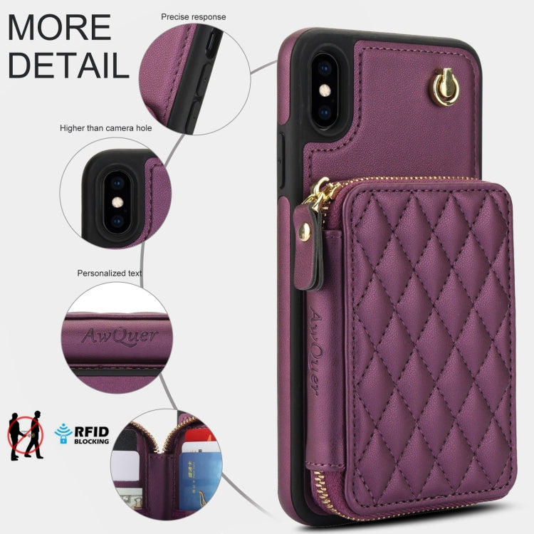 For iPhone XS Max AwQuer Crossbody Zipper Wallet Rhombic Leather Back Phone Case