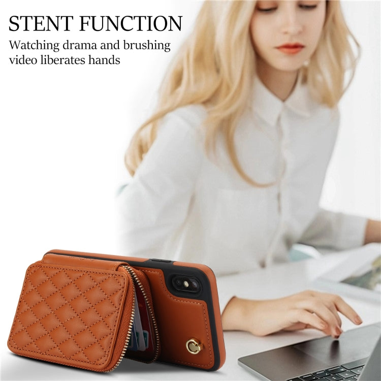 For iPhone XS Max AwQuer Crossbody Zipper Wallet Rhombic Leather Back Phone Case