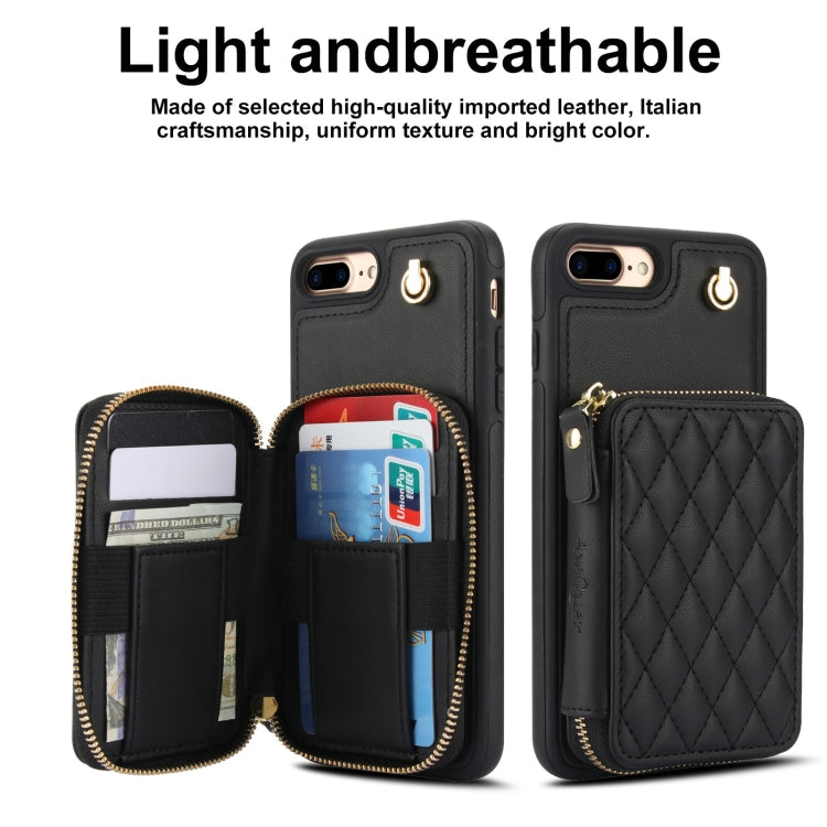 For iPhone 7 Plus / 8 Plus AwQuer Crossbody Zipper Wallet Rhombic Leather Back Phone Case