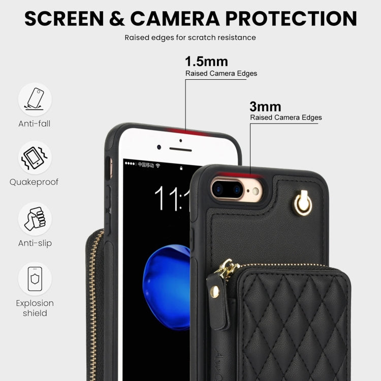 For iPhone 7 Plus / 8 Plus AwQuer Crossbody Zipper Wallet Rhombic Leather Back Phone Case