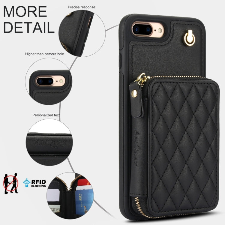 For iPhone 7 Plus / 8 Plus AwQuer Crossbody Zipper Wallet Rhombic Leather Back Phone Case