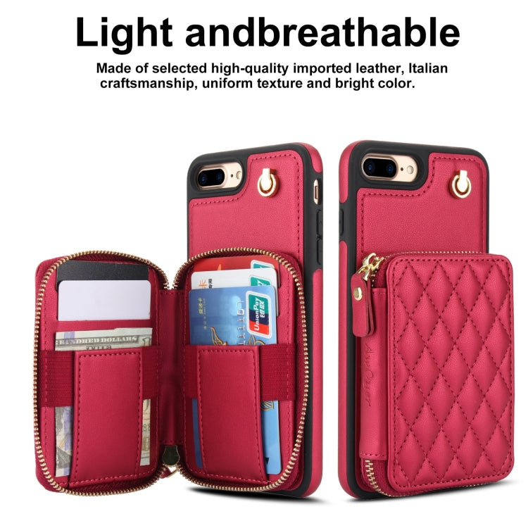 For iPhone 7 Plus / 8 Plus AwQuer Crossbody Zipper Wallet Rhombic Leather Back Phone Case