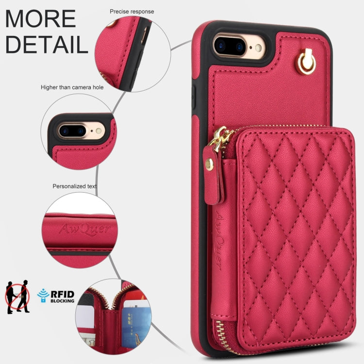 For iPhone 7 Plus / 8 Plus AwQuer Crossbody Zipper Wallet Rhombic Leather Back Phone Case