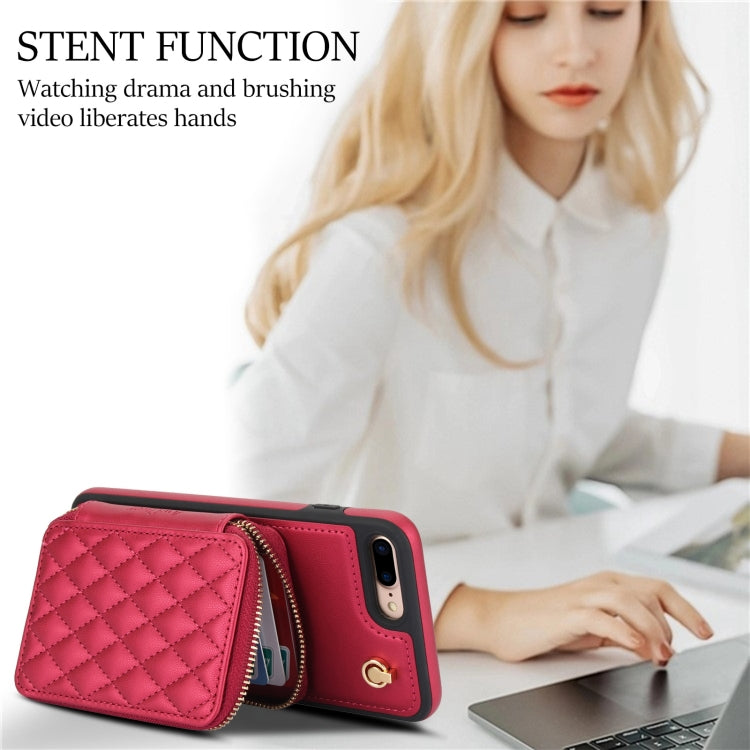 For iPhone 7 Plus / 8 Plus AwQuer Crossbody Zipper Wallet Rhombic Leather Back Phone Case