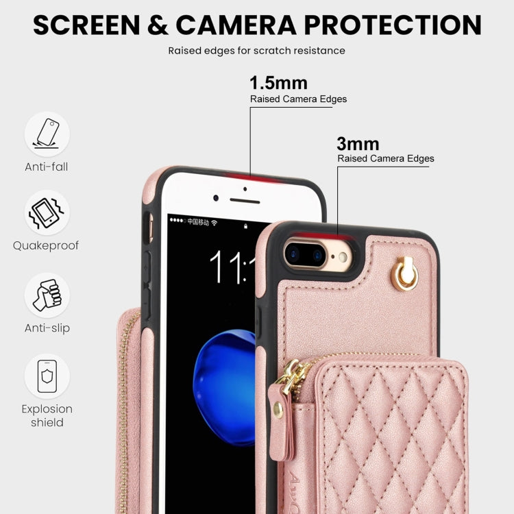 For iPhone 7 Plus / 8 Plus AwQuer Crossbody Zipper Wallet Rhombic Leather Back Phone Case