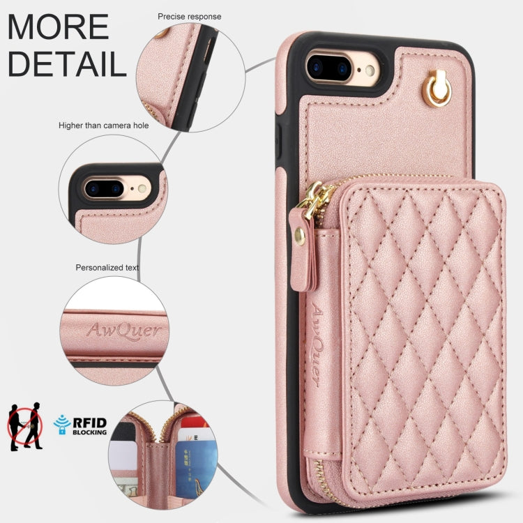 For iPhone 7 Plus / 8 Plus AwQuer Crossbody Zipper Wallet Rhombic Leather Back Phone Case