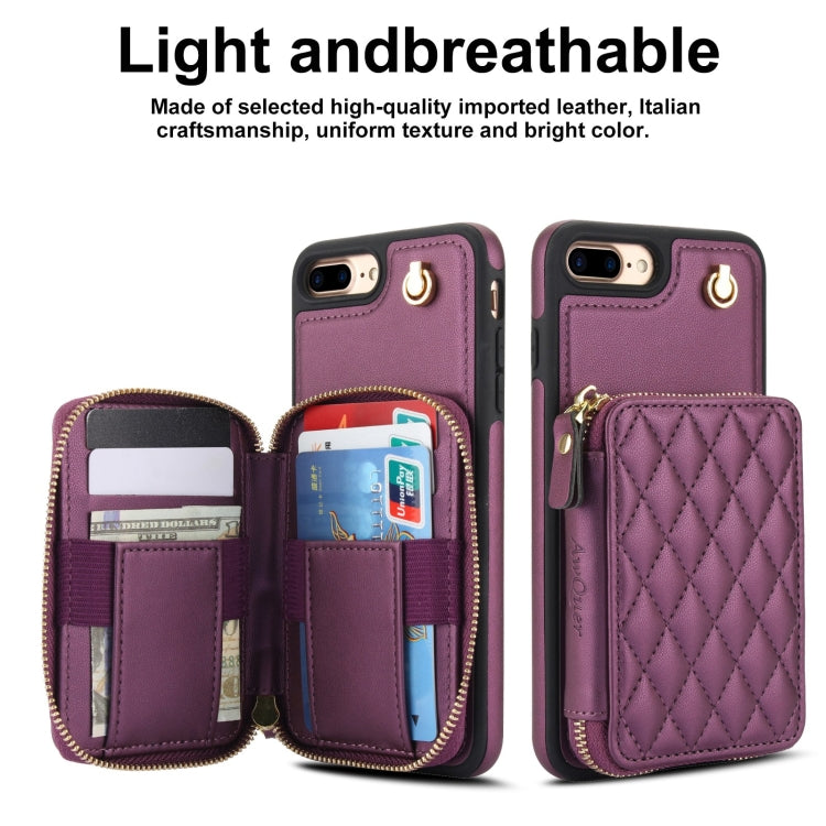 For iPhone 7 Plus / 8 Plus AwQuer Crossbody Zipper Wallet Rhombic Leather Back Phone Case