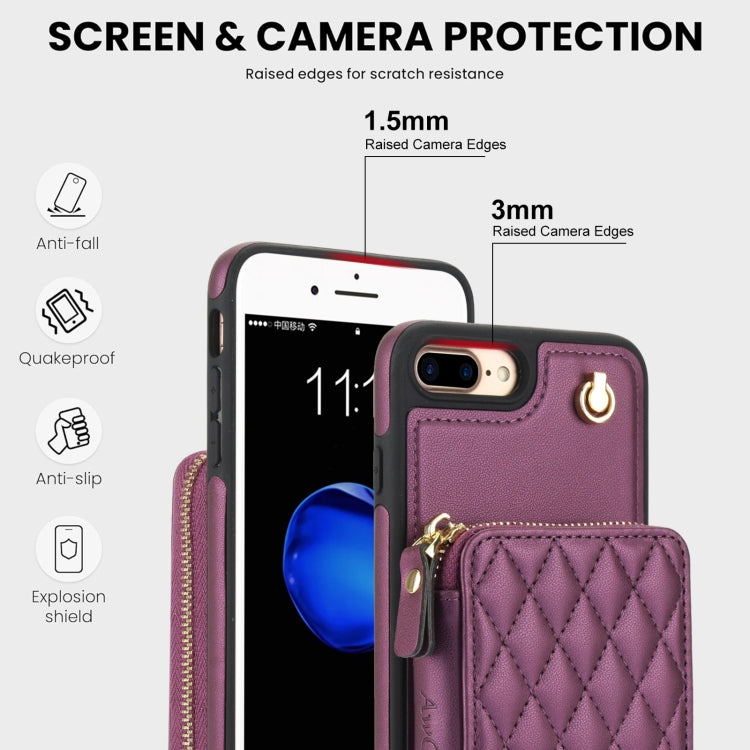 For iPhone 7 Plus / 8 Plus AwQuer Crossbody Zipper Wallet Rhombic Leather Back Phone Case