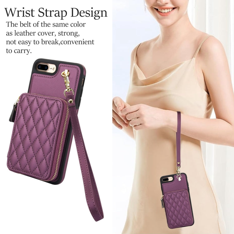 For iPhone 7 Plus / 8 Plus AwQuer Crossbody Zipper Wallet Rhombic Leather Back Phone Case