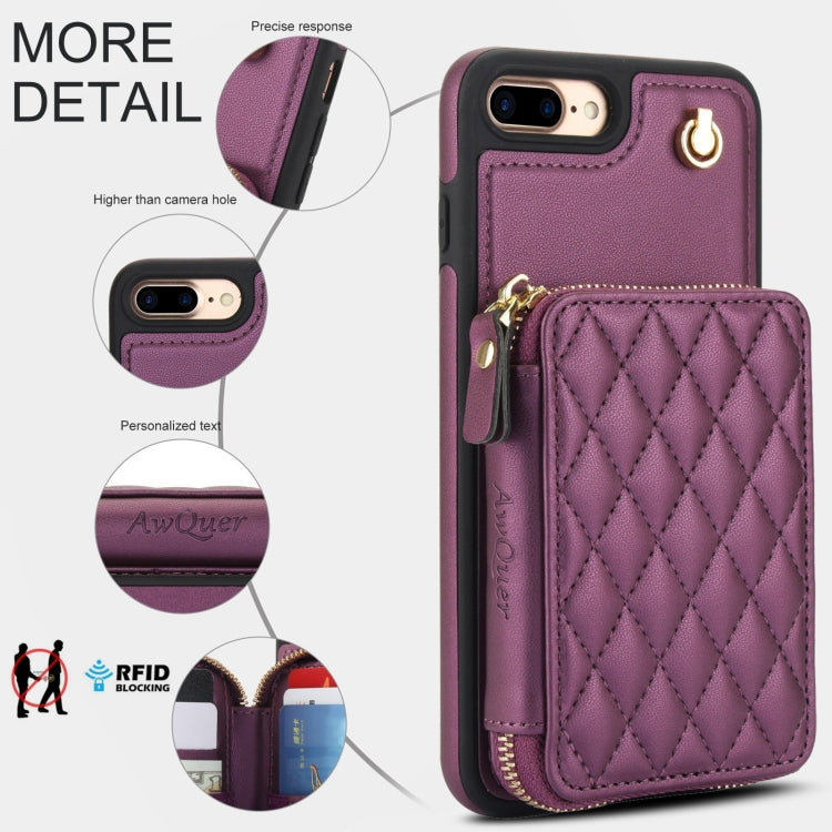 For iPhone 7 Plus / 8 Plus AwQuer Crossbody Zipper Wallet Rhombic Leather Back Phone Case