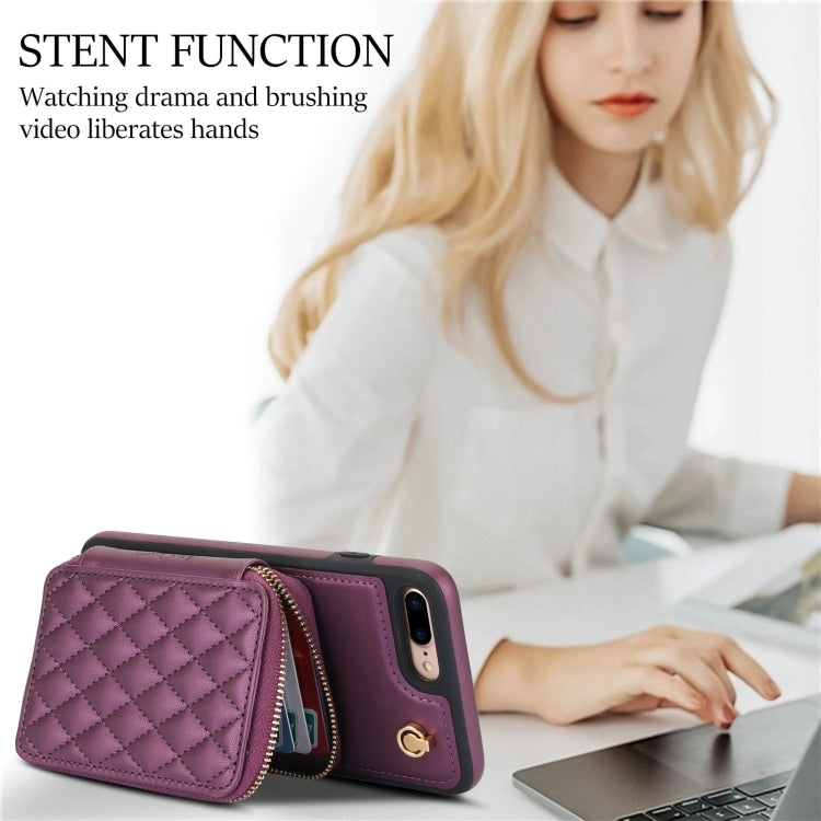 For iPhone 7 Plus / 8 Plus AwQuer Crossbody Zipper Wallet Rhombic Leather Back Phone Case