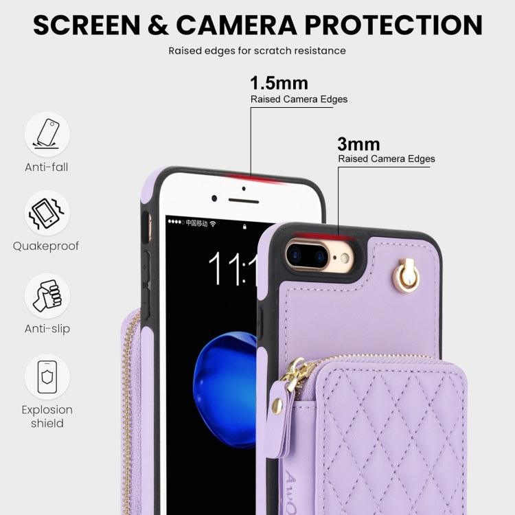 For iPhone 7 Plus / 8 Plus AwQuer Crossbody Zipper Wallet Rhombic Leather Back Phone Case