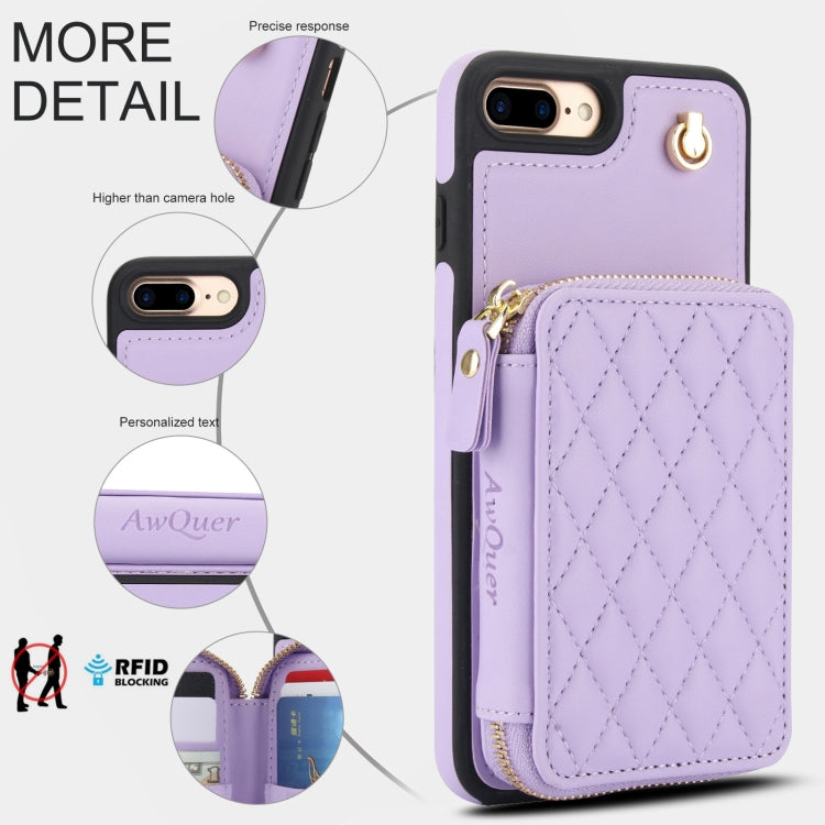 For iPhone 7 Plus / 8 Plus AwQuer Crossbody Zipper Wallet Rhombic Leather Back Phone Case