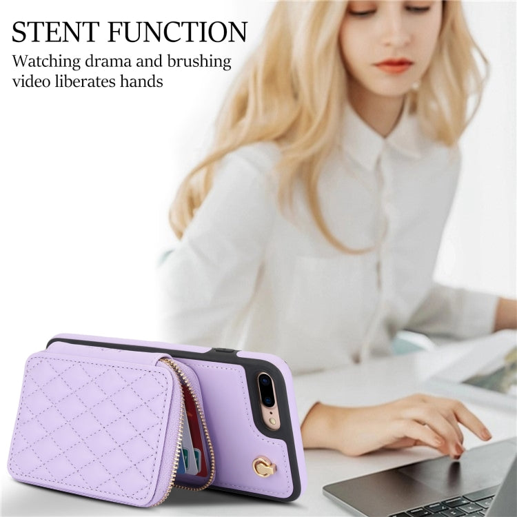 For iPhone 7 Plus / 8 Plus AwQuer Crossbody Zipper Wallet Rhombic Leather Back Phone Case