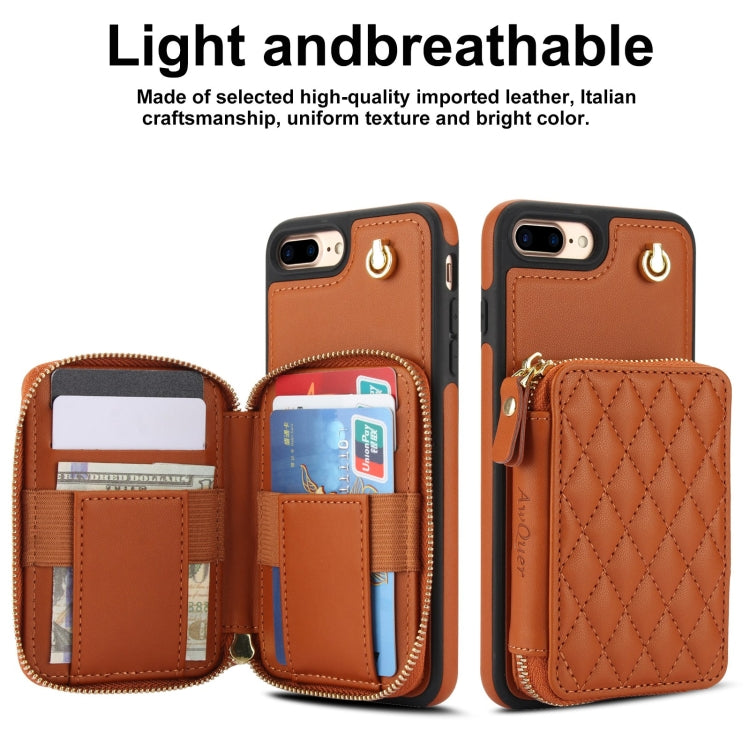 For iPhone 7 Plus / 8 Plus AwQuer Crossbody Zipper Wallet Rhombic Leather Back Phone Case
