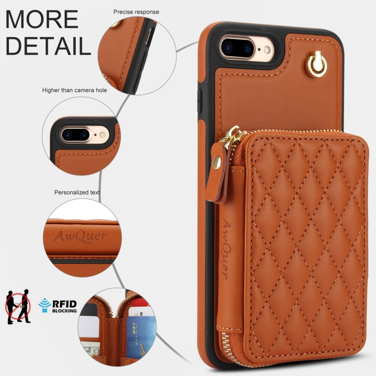 For iPhone 7 Plus / 8 Plus AwQuer Crossbody Zipper Wallet Rhombic Leather Back Phone Case