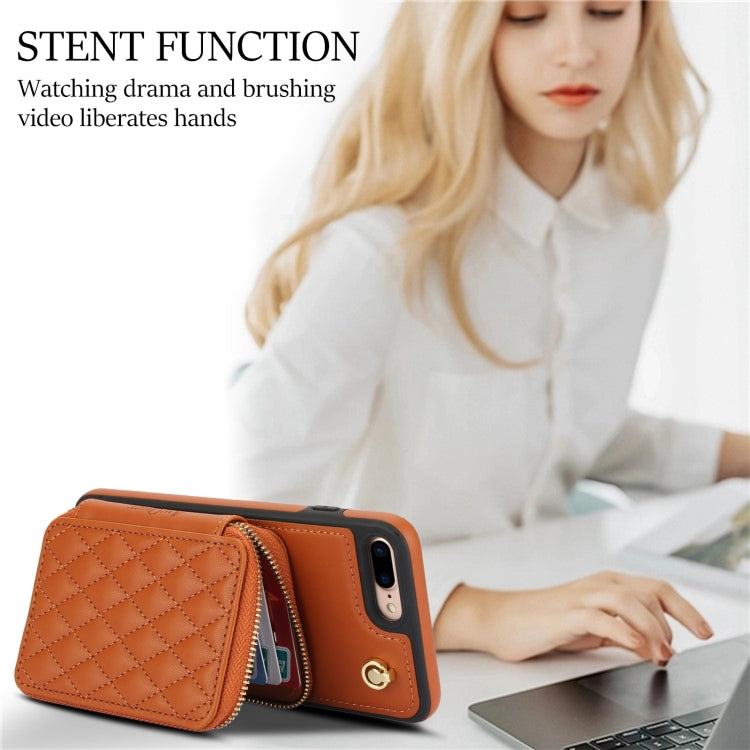 For iPhone 7 Plus / 8 Plus AwQuer Crossbody Zipper Wallet Rhombic Leather Back Phone Case