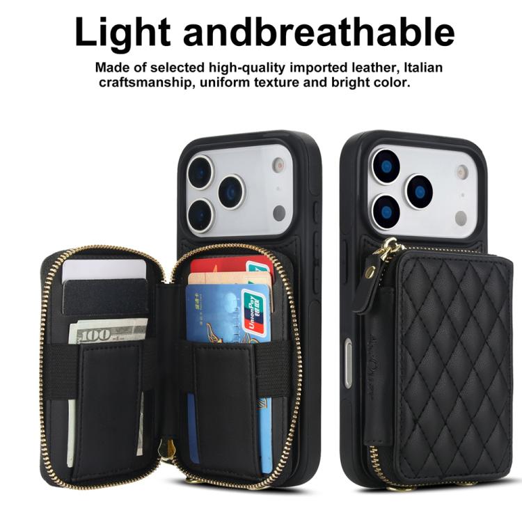 For iPhone 17 Pro Max AwQuer Crossbody Zipper Wallet Rhombic Leather Back Phone Case