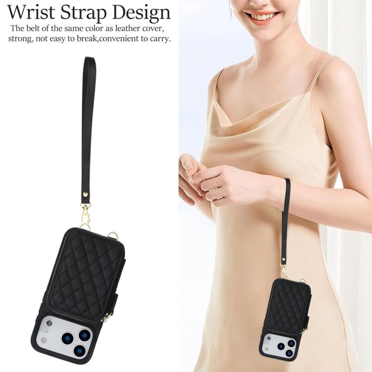For iPhone 17 Pro Max AwQuer Crossbody Zipper Wallet Rhombic Leather Back Phone Case