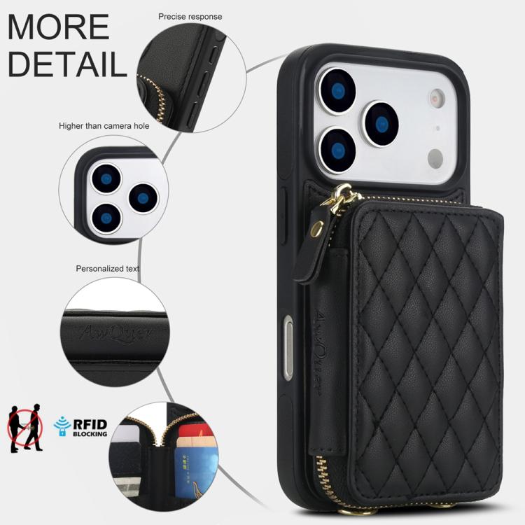 For iPhone 17 Pro Max AwQuer Crossbody Zipper Wallet Rhombic Leather Back Phone Case