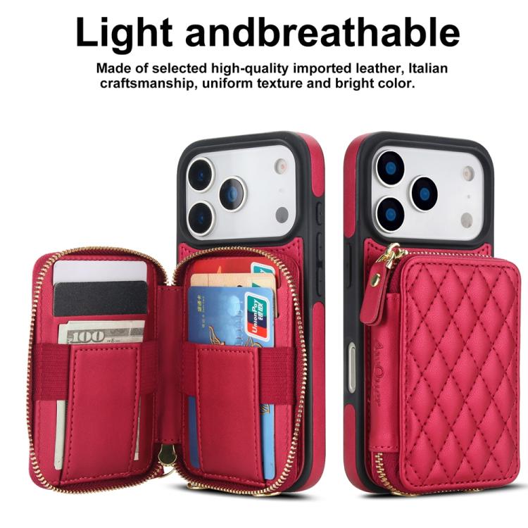 For iPhone 17 Pro Max AwQuer Crossbody Zipper Wallet Rhombic Leather Back Phone Case