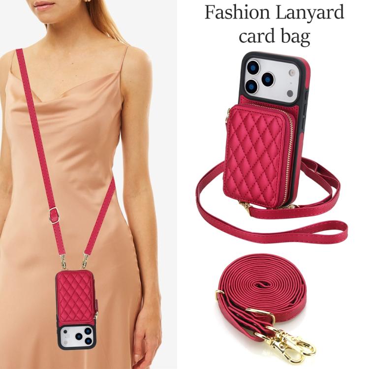 For iPhone 17 Pro Max AwQuer Crossbody Zipper Wallet Rhombic Leather Back Phone Case