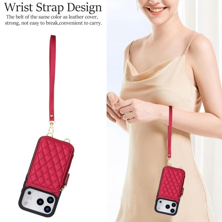 For iPhone 17 Pro Max AwQuer Crossbody Zipper Wallet Rhombic Leather Back Phone Case