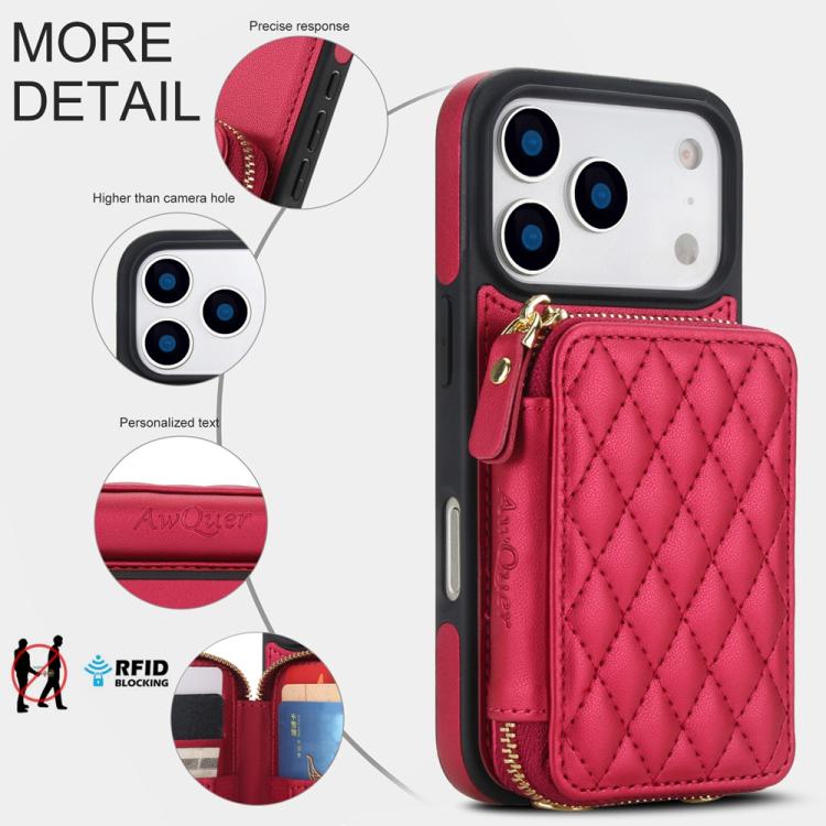 For iPhone 17 Pro Max AwQuer Crossbody Zipper Wallet Rhombic Leather Back Phone Case