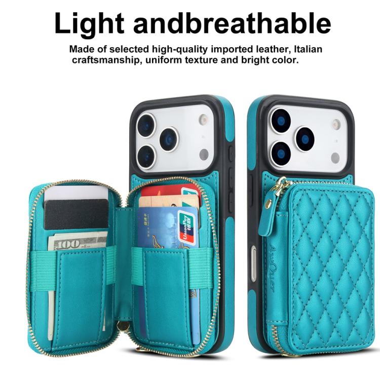 For iPhone 17 Pro Max AwQuer Crossbody Zipper Wallet Rhombic Leather Back Phone Case