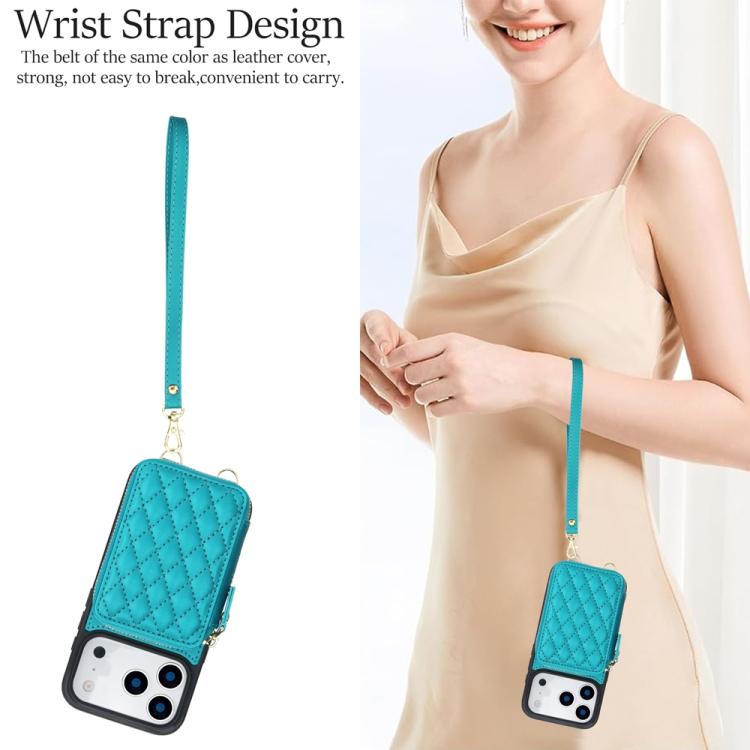 For iPhone 17 Pro Max AwQuer Crossbody Zipper Wallet Rhombic Leather Back Phone Case
