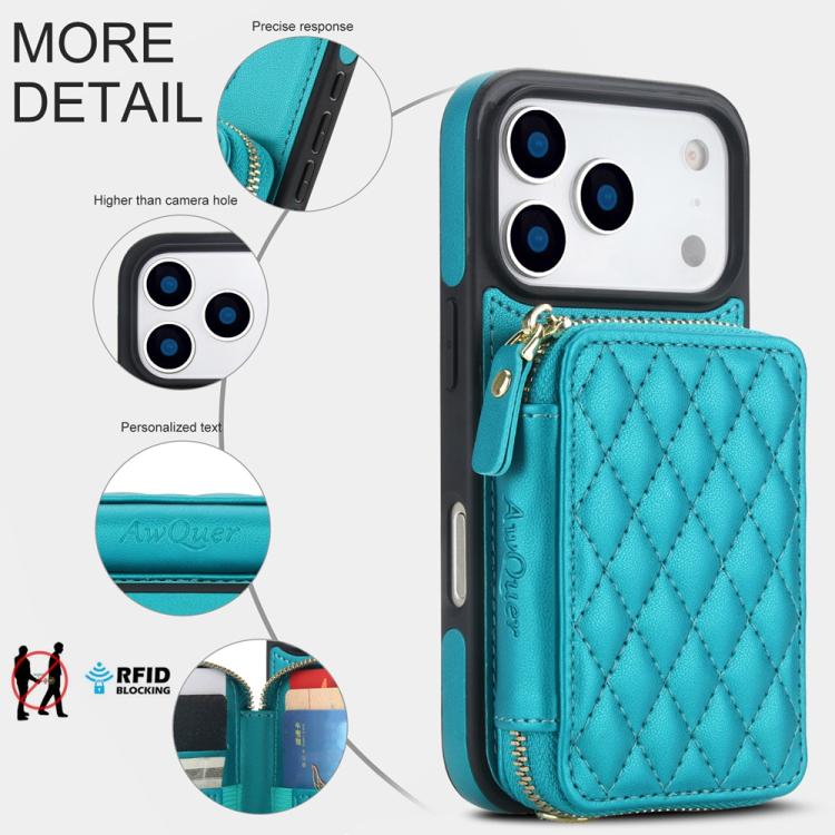 For iPhone 17 Pro Max AwQuer Crossbody Zipper Wallet Rhombic Leather Back Phone Case